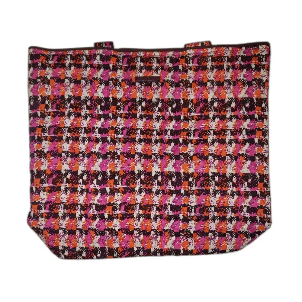 VERA BRADLEY Houndstooth Tweed Tote Pink Orange Quilted Cotton Handbag NEW